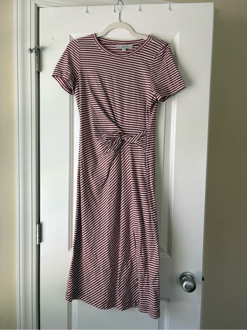LOFT Burgundy and White Striped Twist-Front Midi Dress